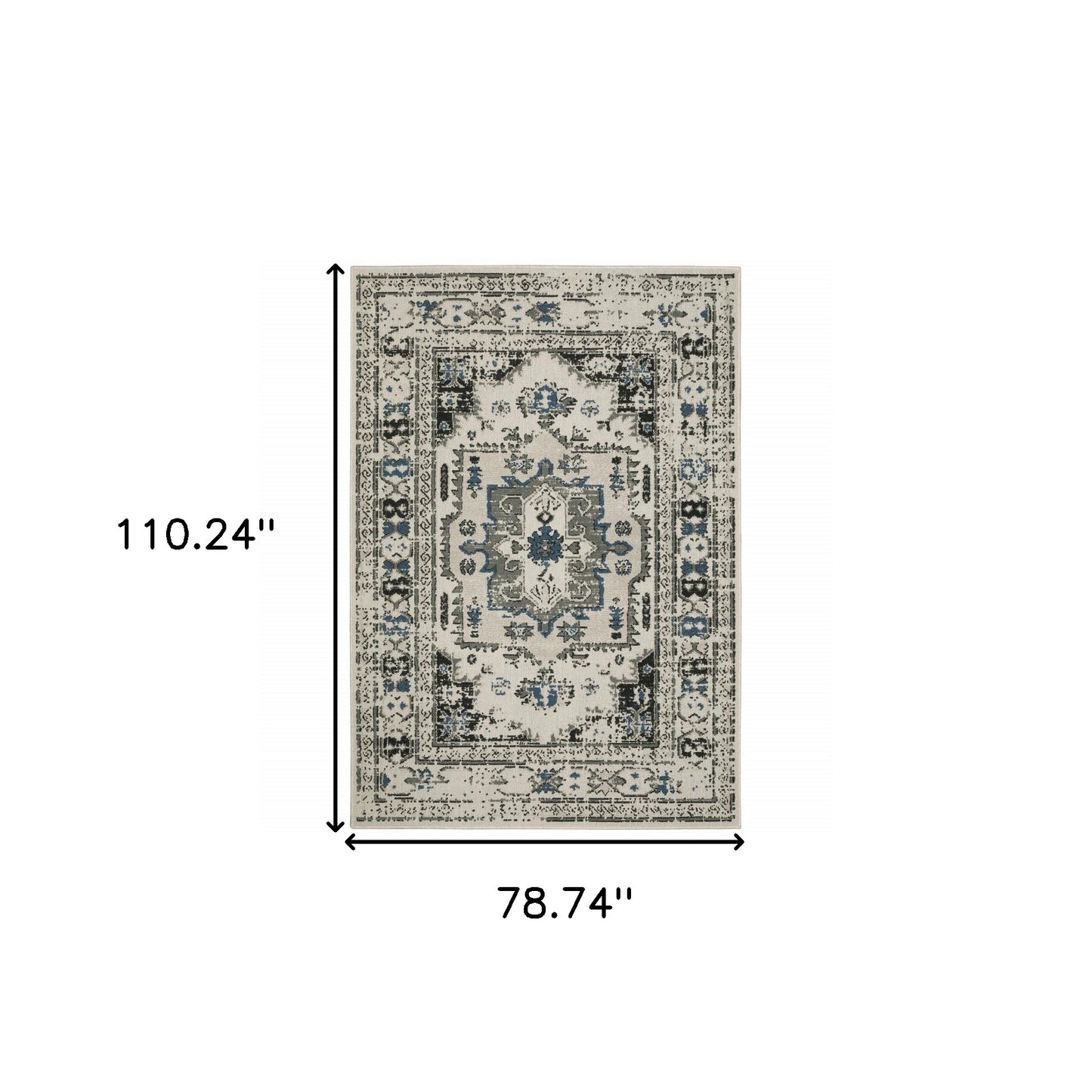 7' x 9' Blue and Beige Oriental Stain Resistant Indoor Outdoor Area Rug