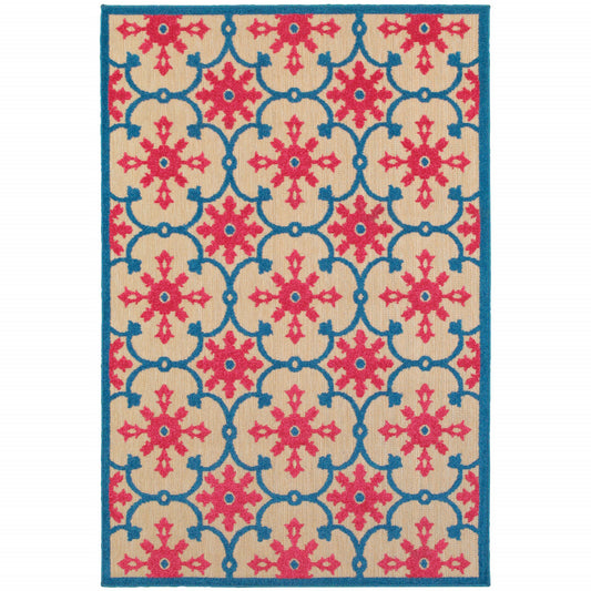 7' x 10' Blue and Beige Oriental Stain Resistant Indoor Outdoor Area Rug