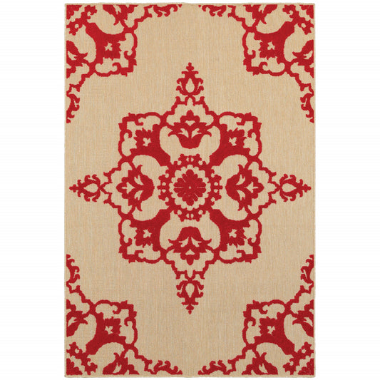 4' x 5' Red Oriental Stain Resistant Indoor Outdoor Area Rug