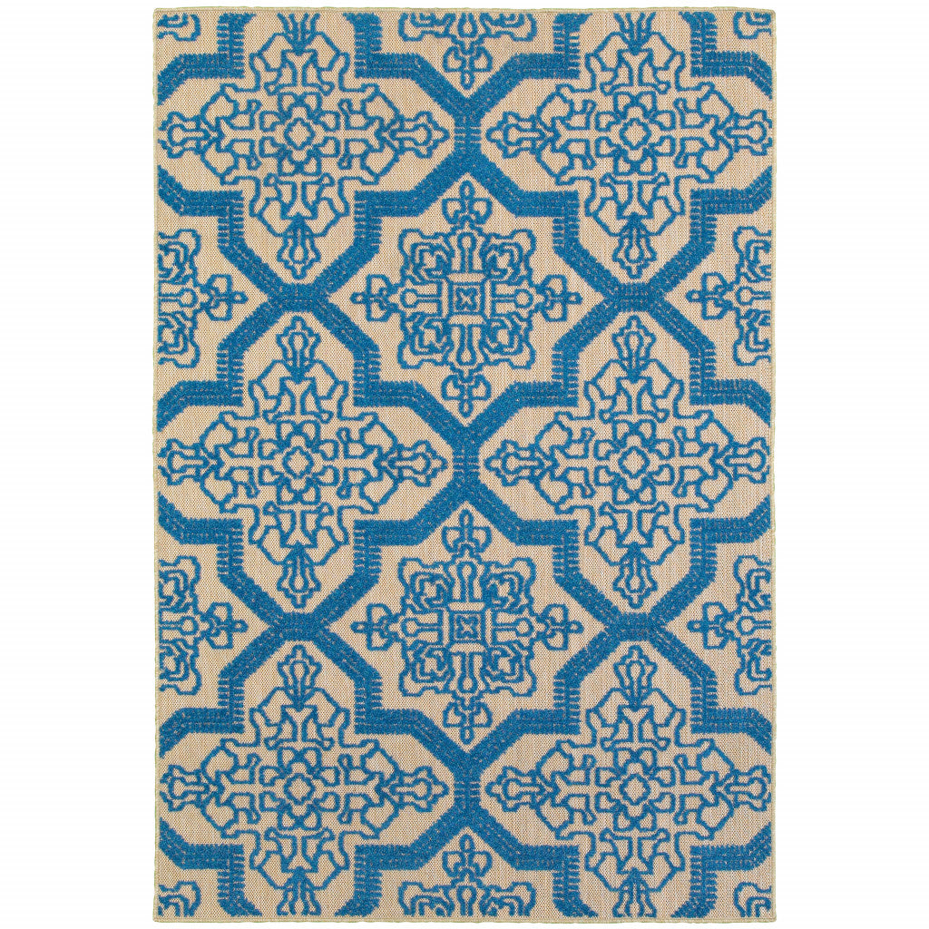 2' x 3' Blue and Beige Oriental Stain Resistant Indoor Outdoor Area Rug