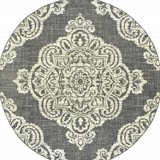 8' x 8' Gray and Ivory Round Oriental Stain Resistant Indoor Outdoor Area Rug