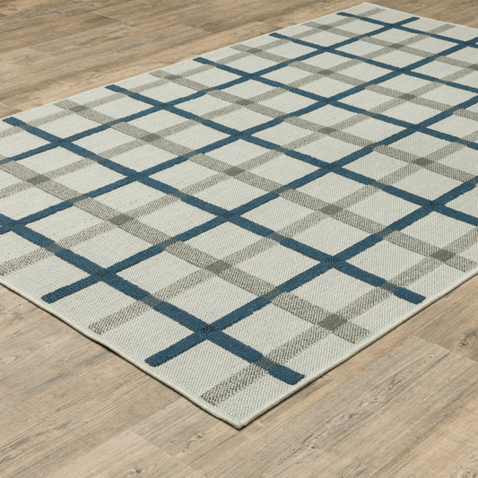 2' X 4' Blue and Beige Geometric Stain Resistant Indoor Outdoor Area Rug