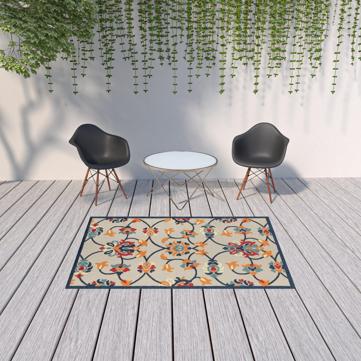 5' X 8' Blue And Orange Floral Non Skid Indoor Outdoor Area Rug