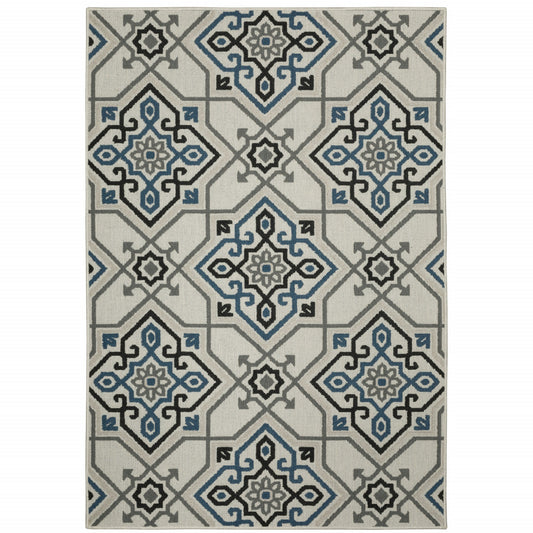 7' x 9' Blue and Beige Oriental Stain Resistant Indoor Outdoor Area Rug