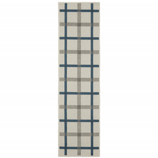 2' X 7' Blue and Beige Geometric Stain Resistant Indoor Outdoor Area Rug