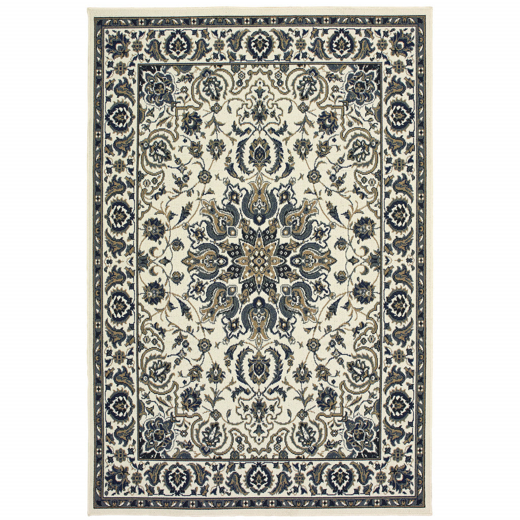 7' x 10' Ivory and Blue Oriental Stain Resistant Indoor Outdoor Area Rug
