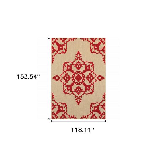 10' x 13' Red Oriental Stain Resistant Indoor Outdoor Area Rug