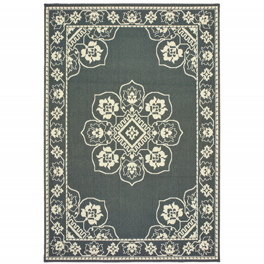 7' x 10' Gray and Ivory Oriental Stain Resistant Indoor Outdoor Area Rug