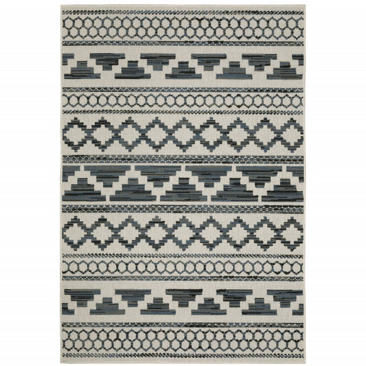 7' x 9' Blue and Beige Geometric Stain Resistant Indoor Outdoor Area Rug