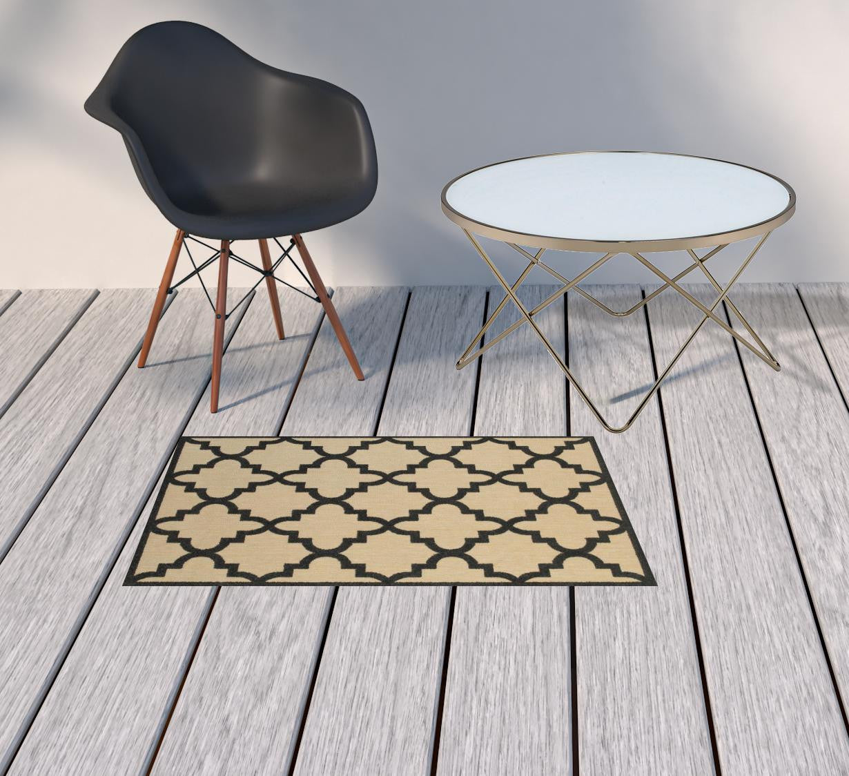 2' x 3' Beige and Black Geometric Stain Resistant Indoor Outdoor Area Rug