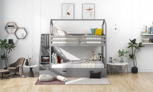 Gray Twin Over Twin Playhouse Bunk Bed with Trundle and Staircase