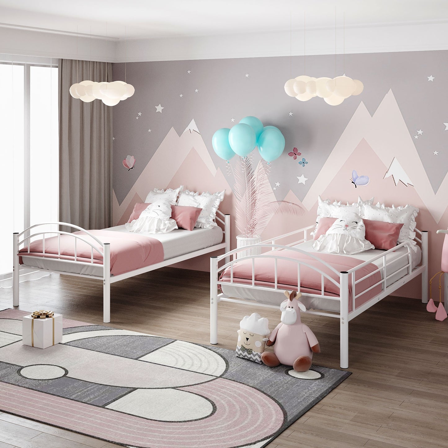 White Modern Classic Twin Over Twin Metal Bunk Bed
