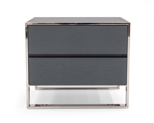 Modern Gray and Stainless Steel Nightstand With Two Drawers