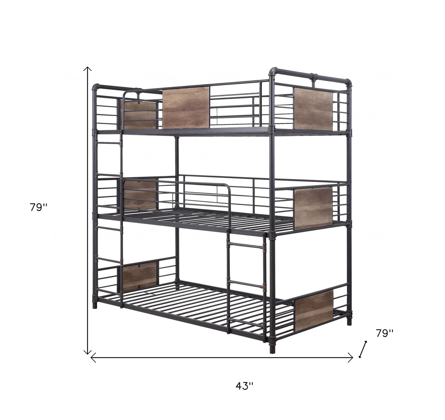 43" X 79" X 79" Sandy Black Dark Bronze Handbrushed Metal Wood Triple Bunk Bed Twin