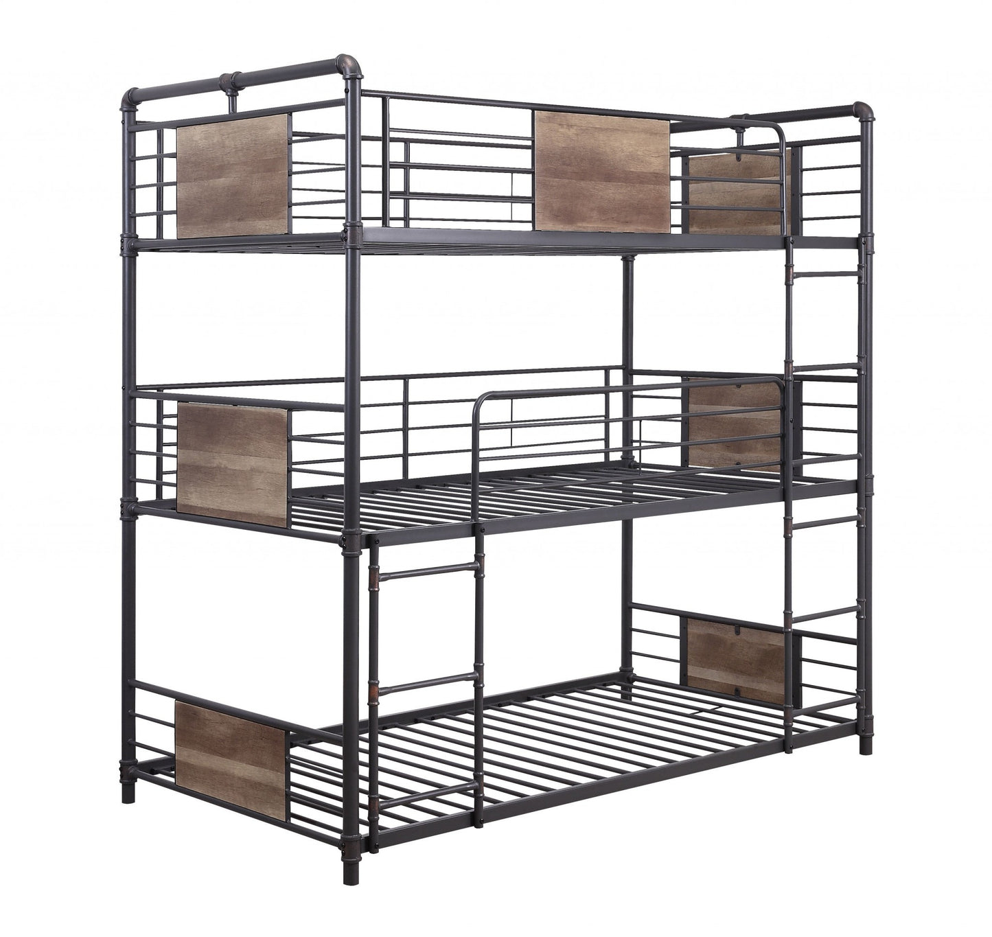 43" X 79" X 79" Sandy Black Dark Bronze Handbrushed Metal Wood Triple Bunk Bed Twin