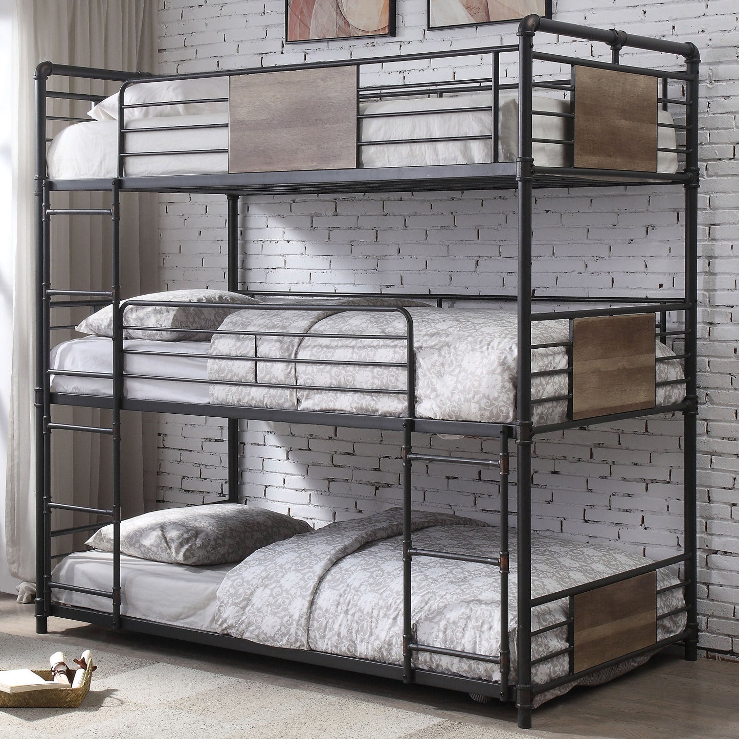 43" X 79" X 79" Sandy Black Dark Bronze Handbrushed Metal Wood Triple Bunk Bed Twin
