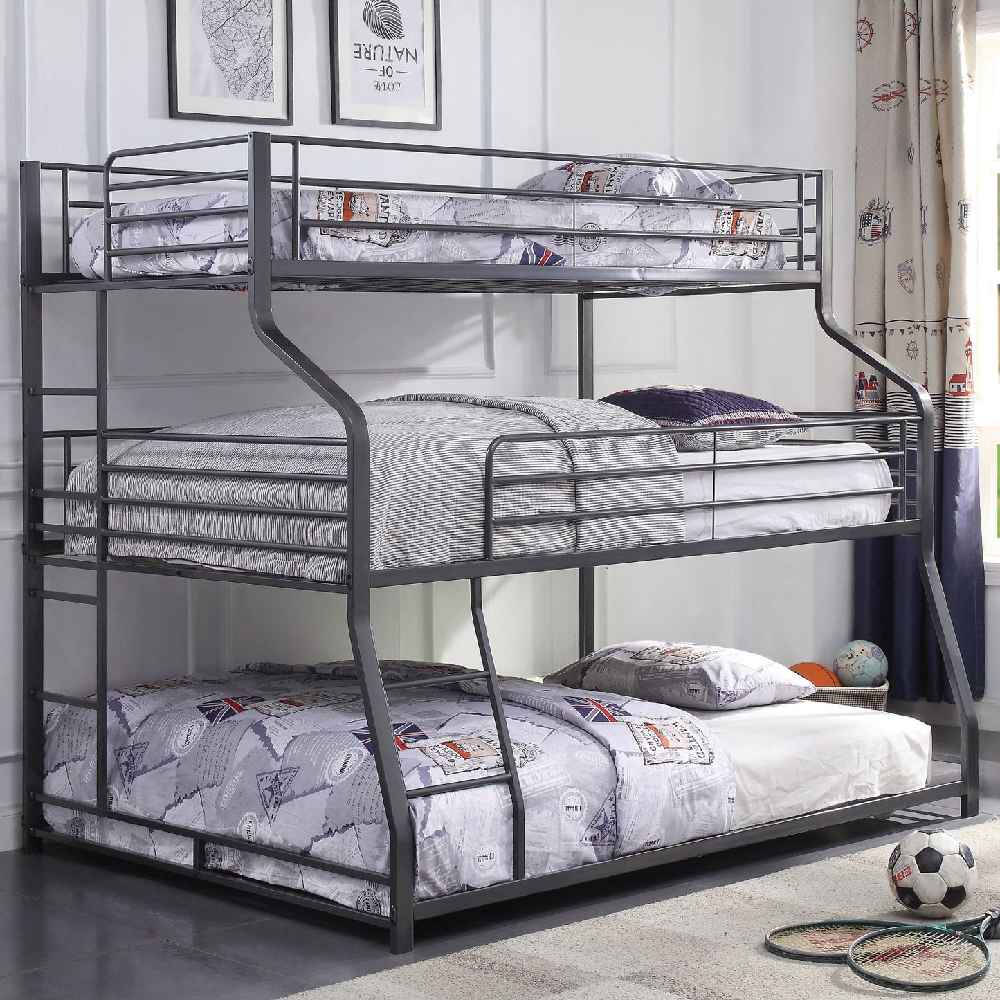 62" X 83" X 74" Gunmetal Metal Triple Bunk Bed Twinfullqueen