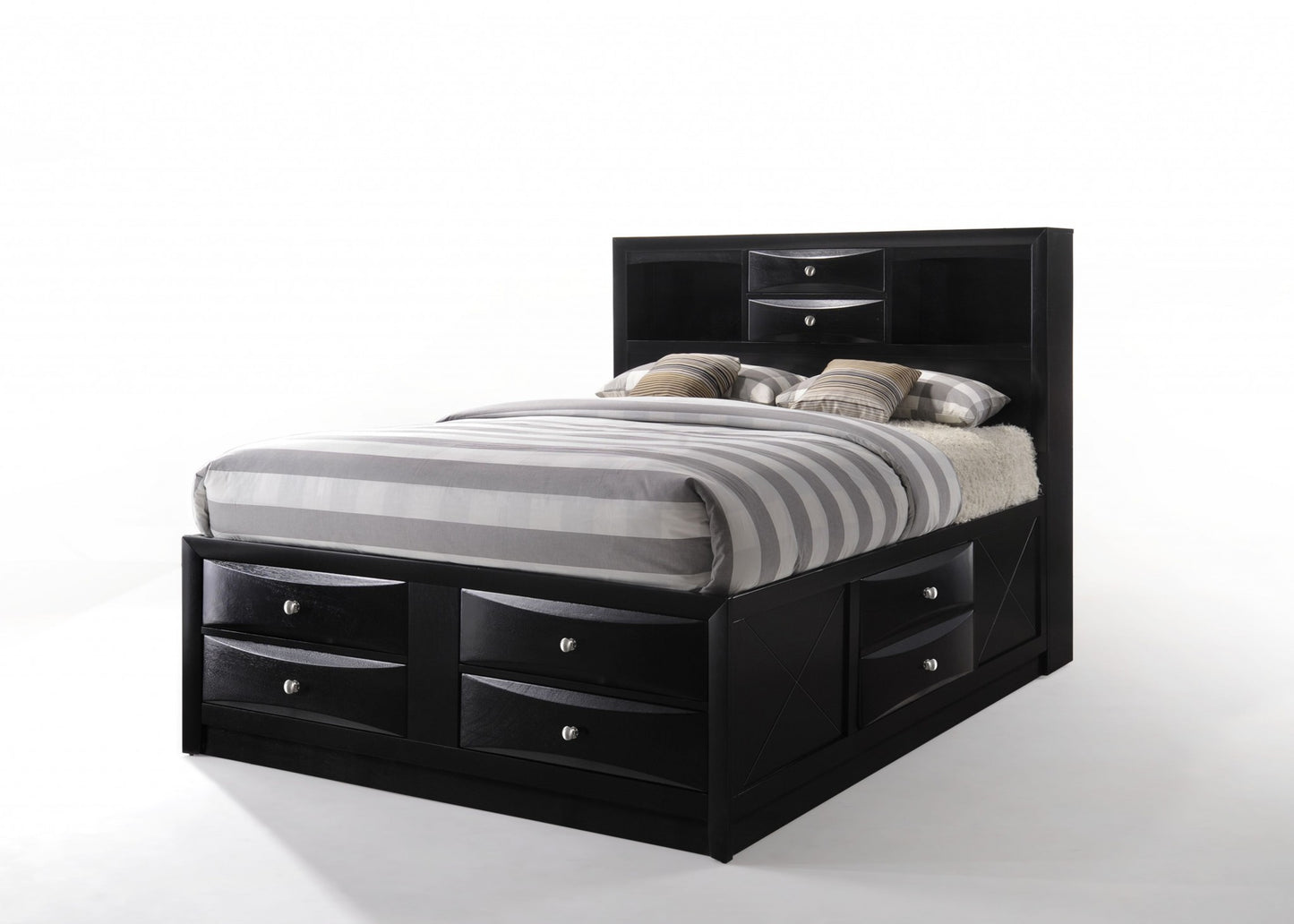 Black Multi-Drawer Wood Platform Full Bed With Pull Out Tray