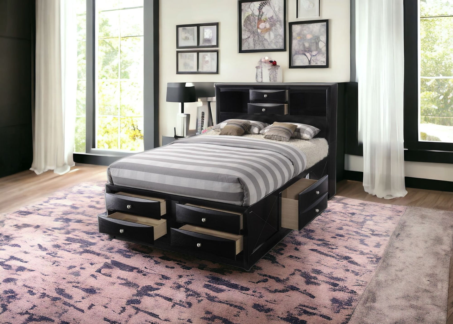 Black Multi-Drawer Wood Platform Full Bed With Pull Out Tray