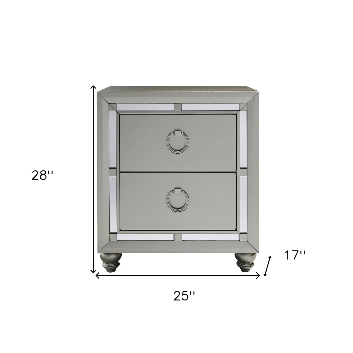 Silver Champagne Tone Nightstand With 2 Drawer Mirror Trim Accent