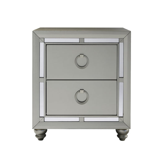 Silver Champagne Tone Nightstand With 2 Drawer Mirror Trim Accent