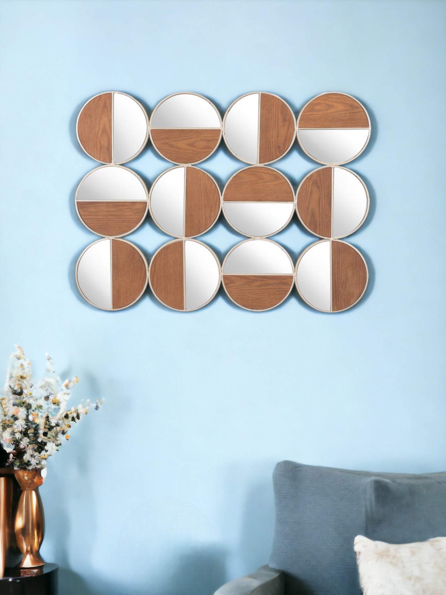 Set of 12 Round Gold and Walnut Finish Wall Mirrors