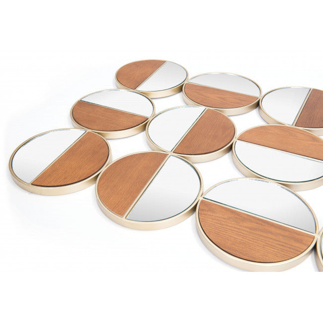 Set of 12 Round Gold and Walnut Finish Wall Mirrors