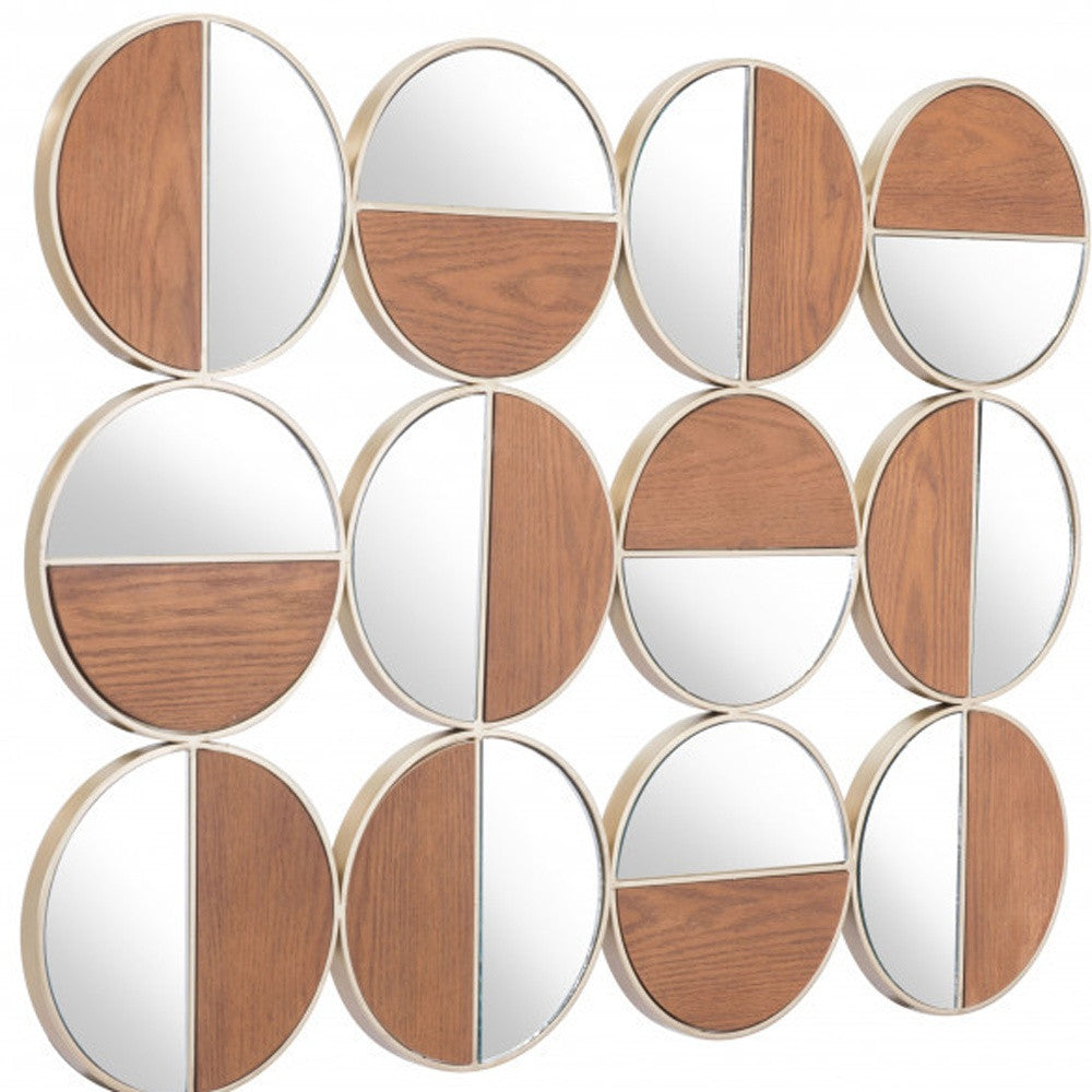 Set of 12 Round Gold and Walnut Finish Wall Mirrors