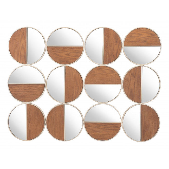 Set of 12 Round Gold and Walnut Finish Wall Mirrors