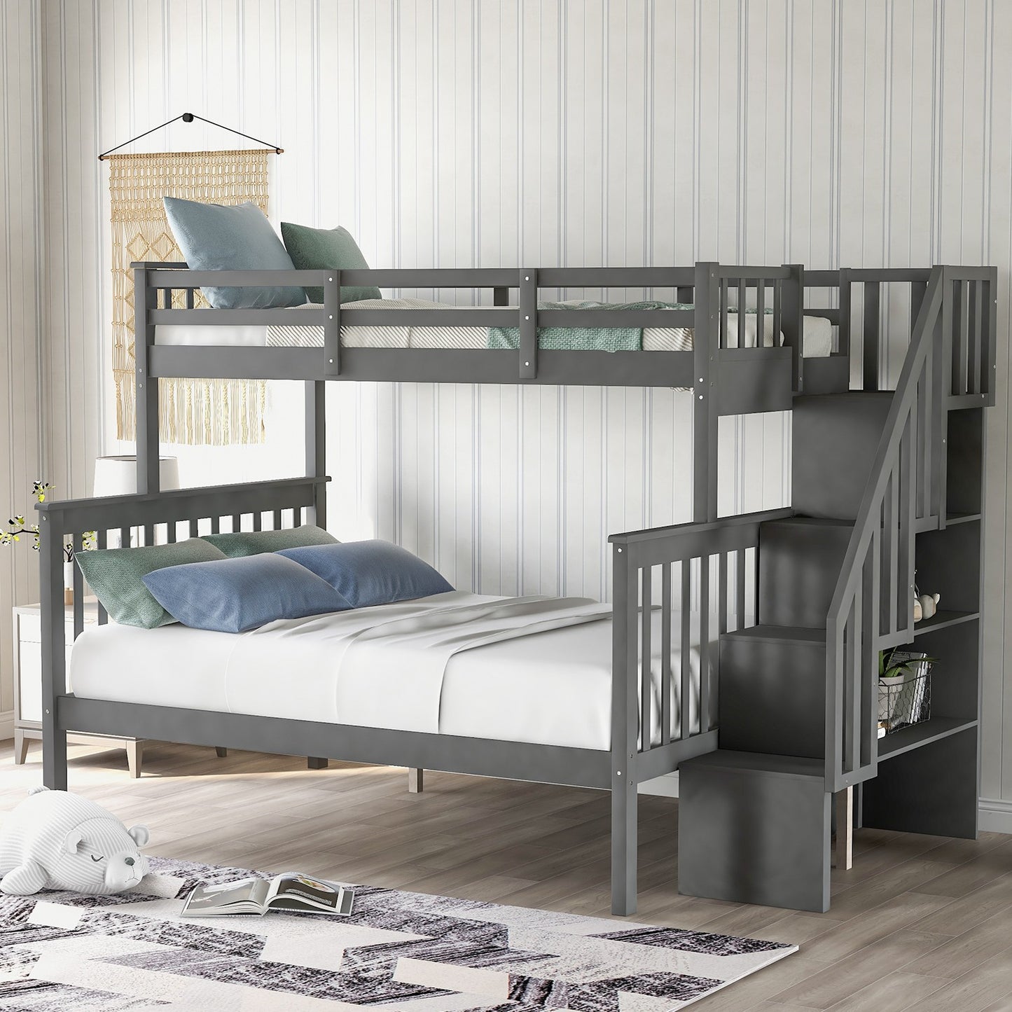 Gray Twin Over Full Contemporary Bunk Bed With Stairs And Shelves