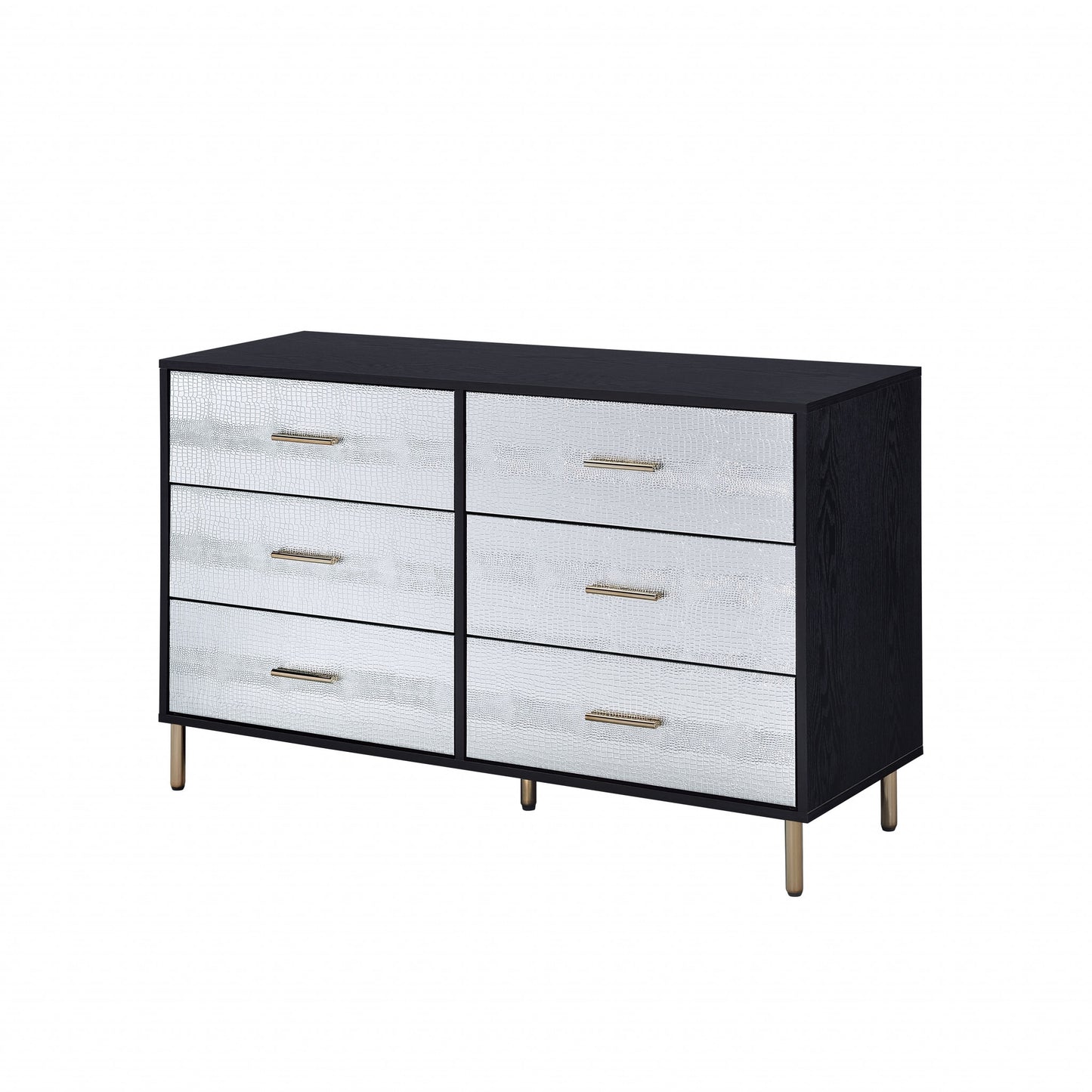 47" Black Silver and Gold Faux Croc Design Six Drawer Double Dresser