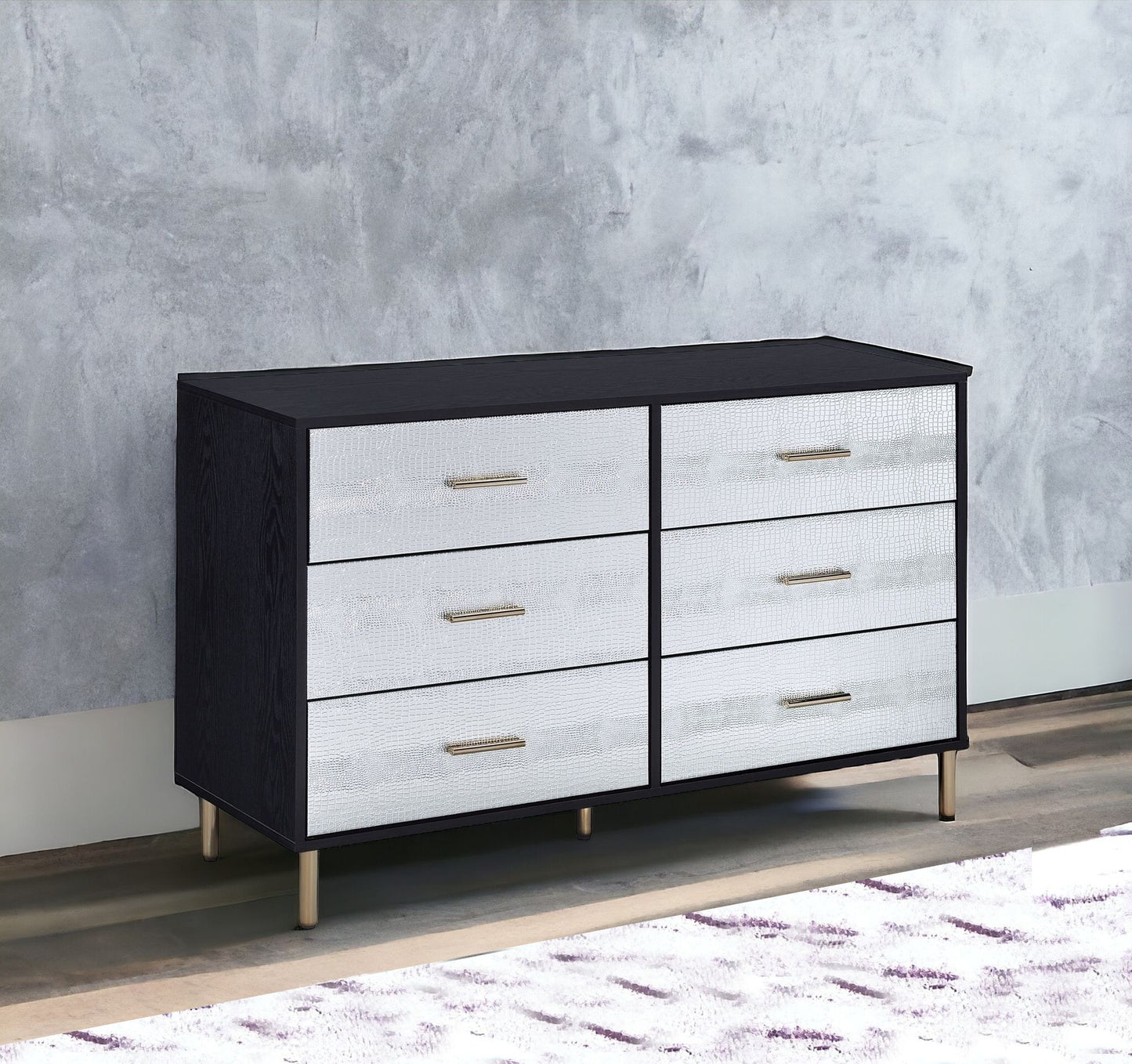 47" Black Silver and Gold Faux Croc Design Six Drawer Double Dresser