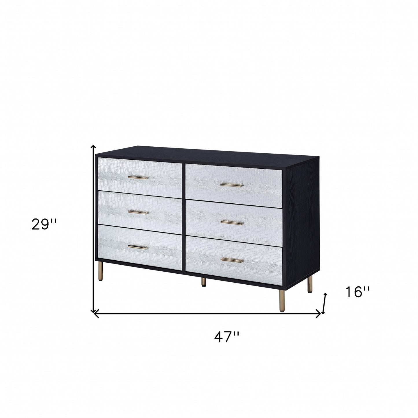 47" Black Silver and Gold Faux Croc Design Six Drawer Double Dresser