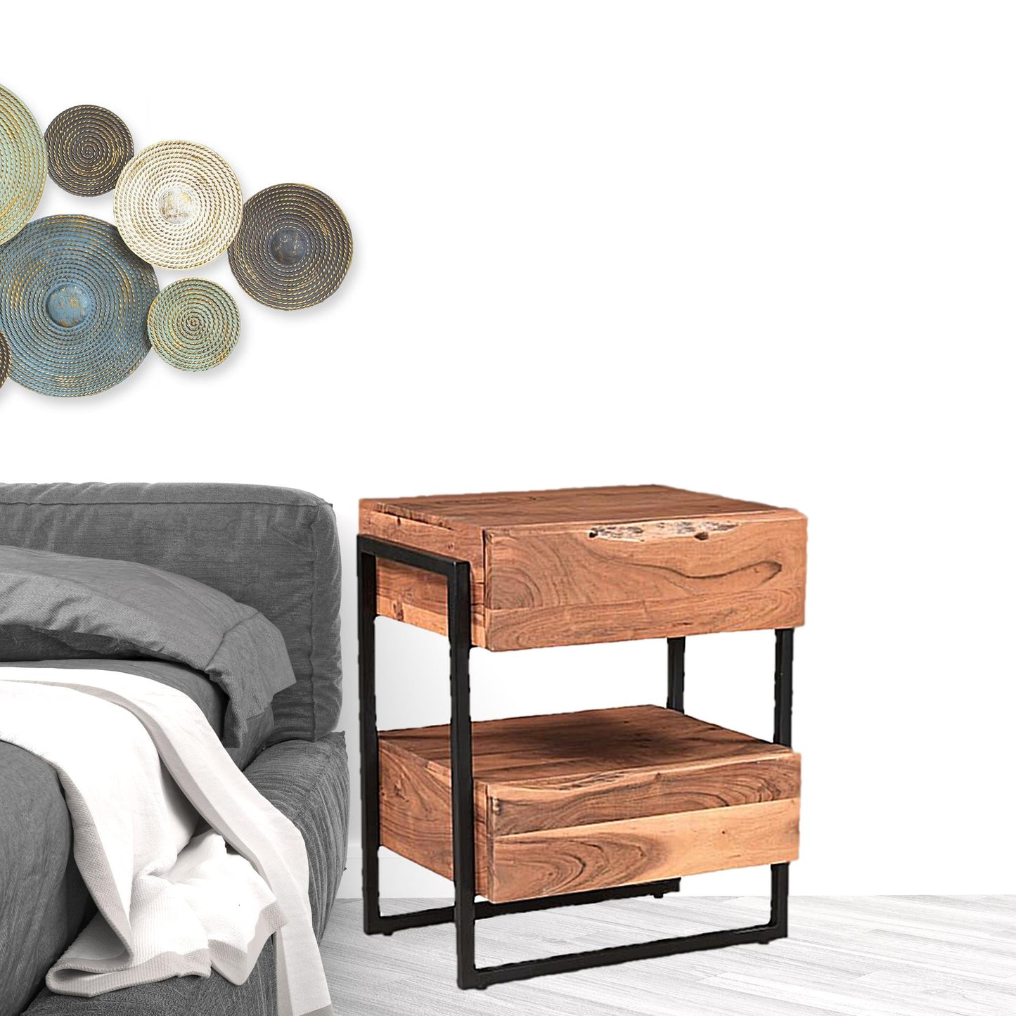 28" Brown Two Drawer Wood and Metal Nightstand