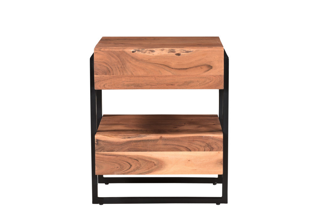28" Brown Two Drawer Wood and Metal Nightstand