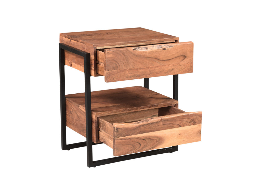 28" Brown Two Drawer Wood and Metal Nightstand