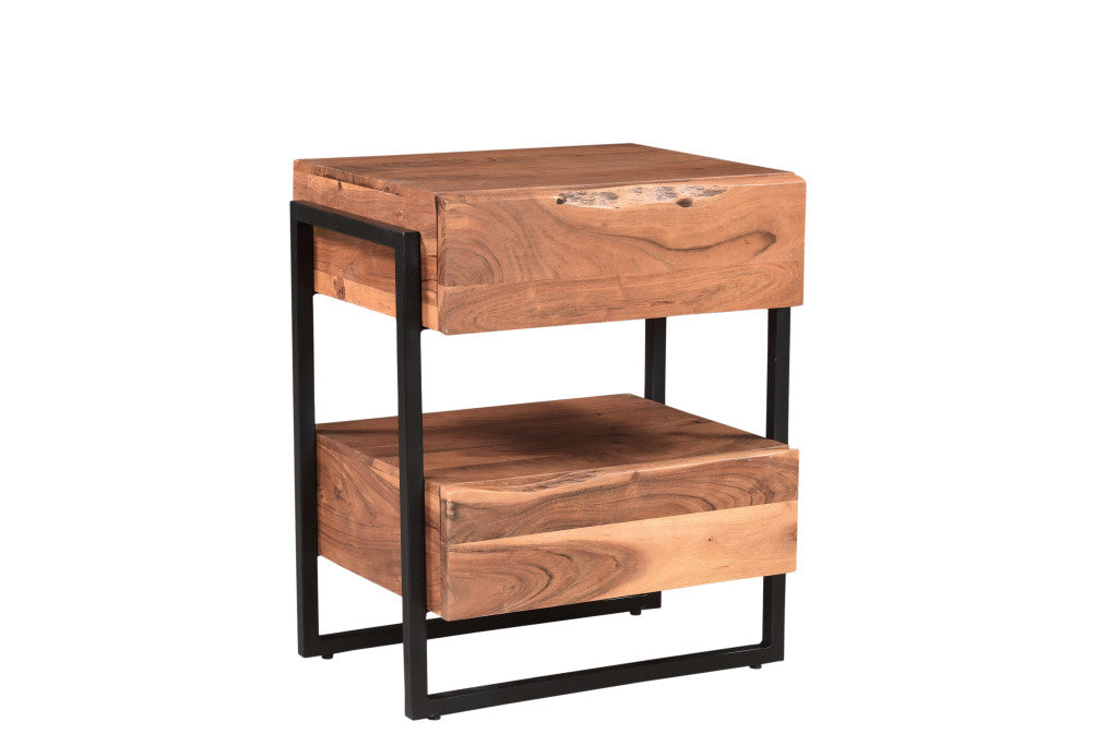 28" Brown Two Drawer Wood and Metal Nightstand