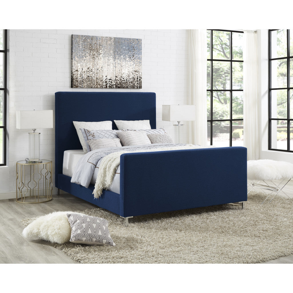 Denim Blue Solid Wood King Upholstered Linen Bed