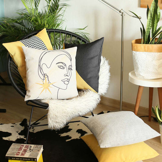 Set of Four 18" Beige and Black Throw Pillow