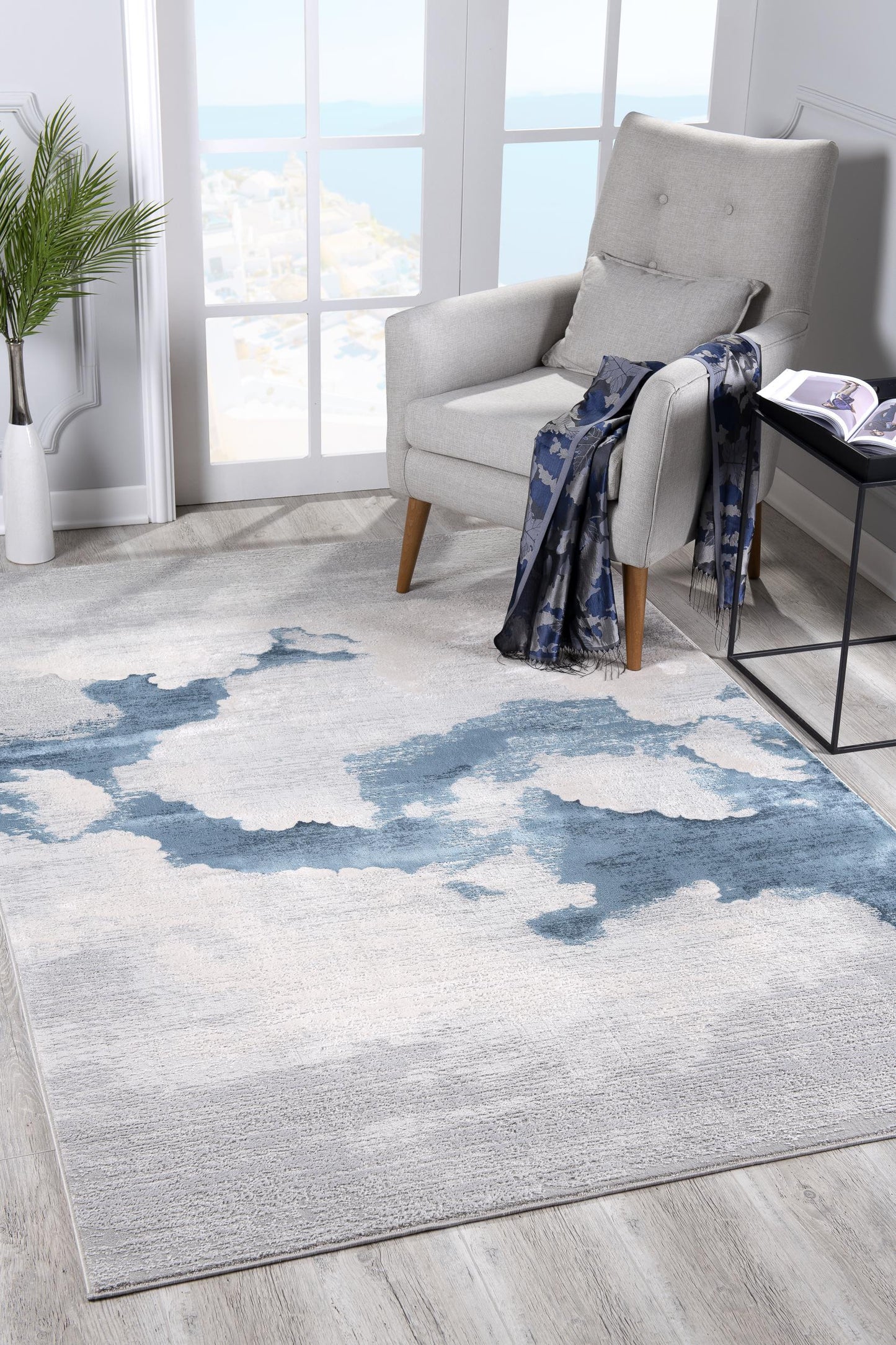 8' Blue and Gray Abstract Washable Non Skid Area Rug