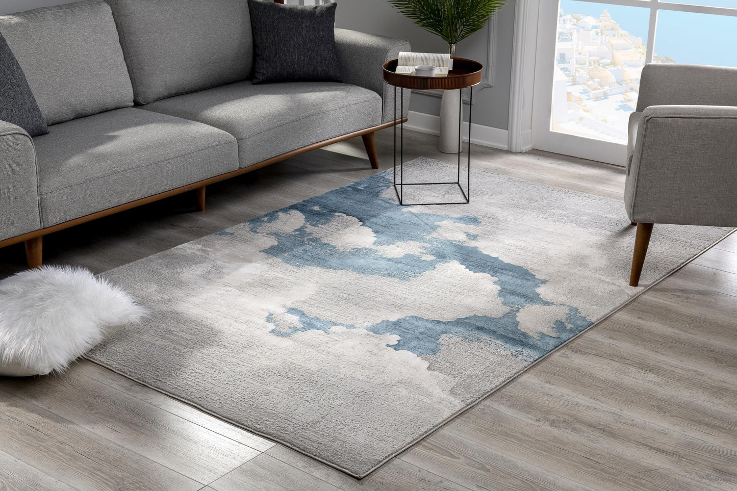 8' Blue and Gray Abstract Washable Non Skid Area Rug