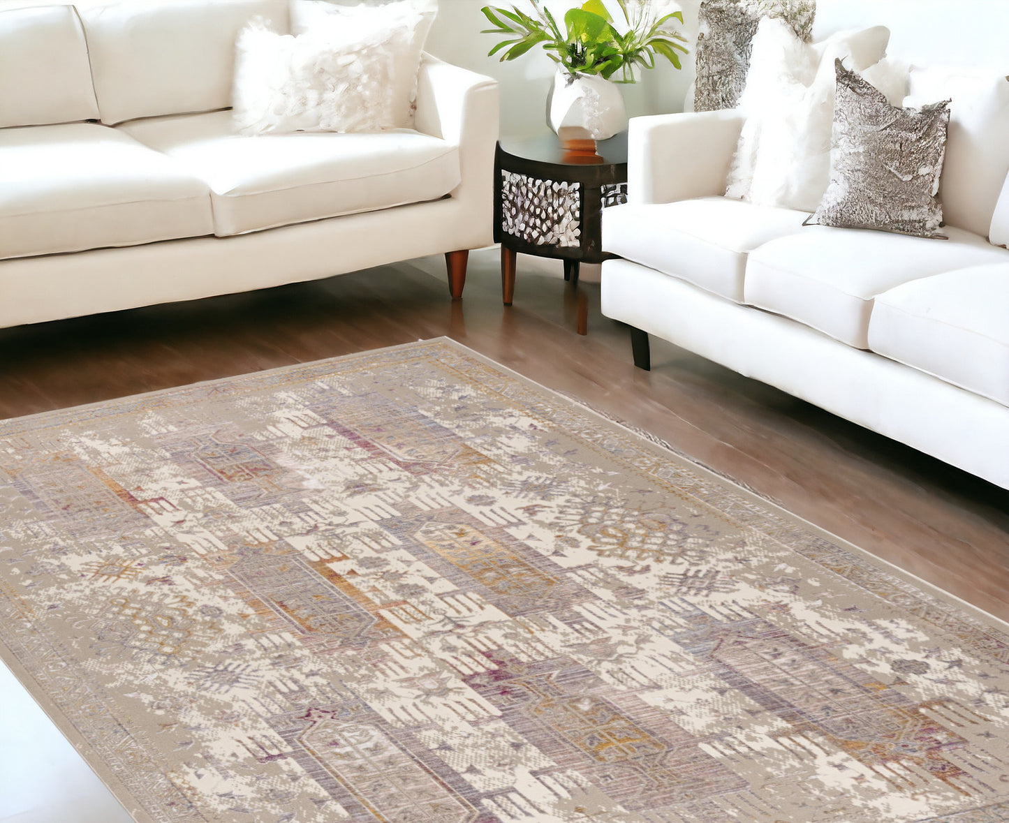 9' x 12' Beige and Ivory Oriental Power Loom Washable Non Skid Area Rug