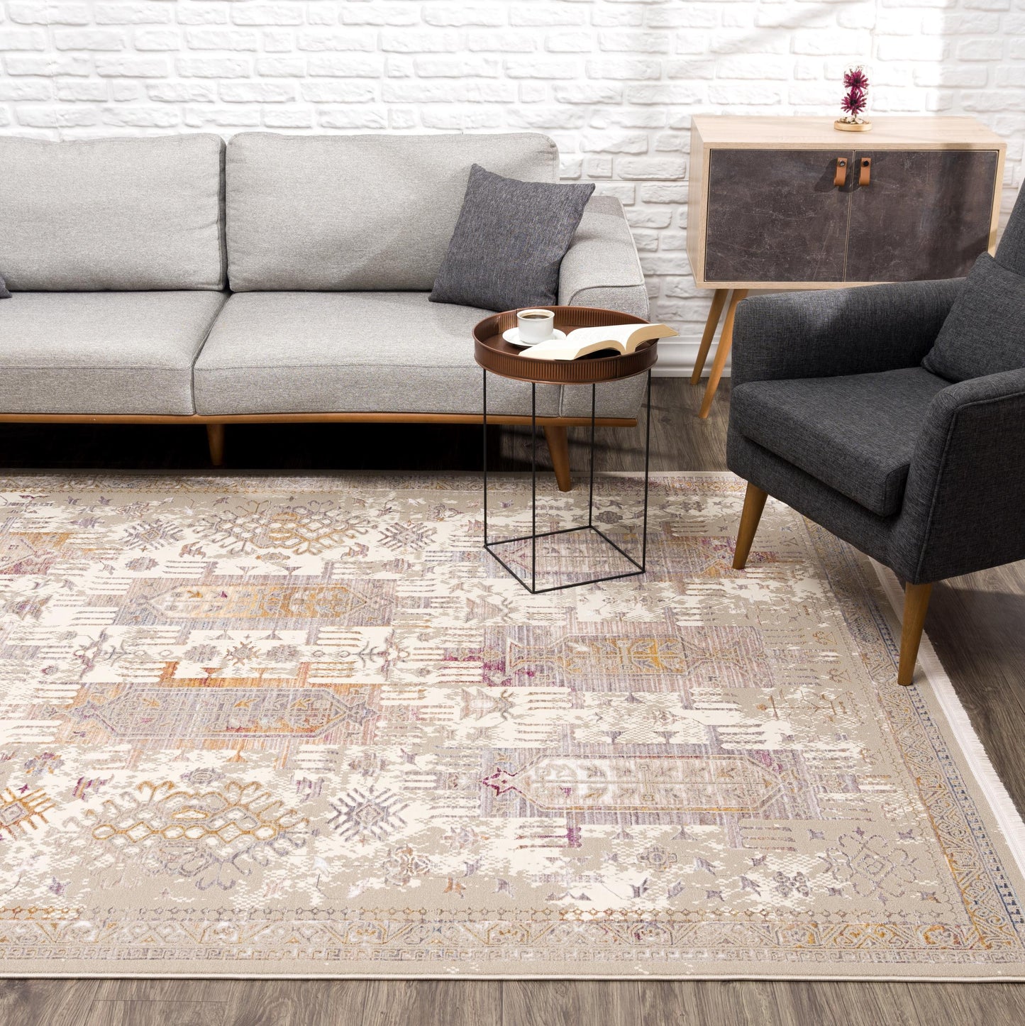 9' x 12' Beige and Ivory Oriental Power Loom Washable Non Skid Area Rug