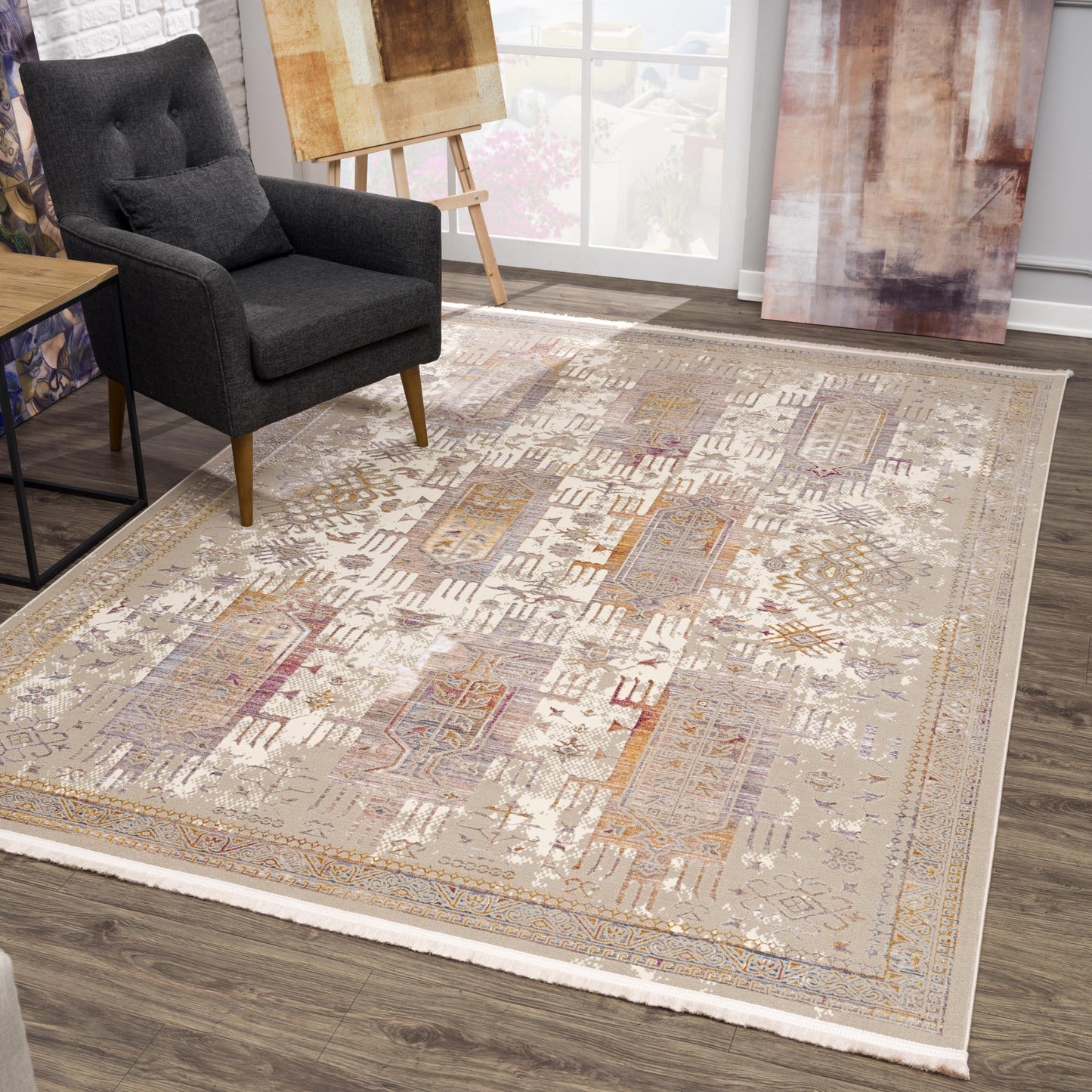 9' x 12' Beige and Ivory Oriental Power Loom Washable Non Skid Area Rug