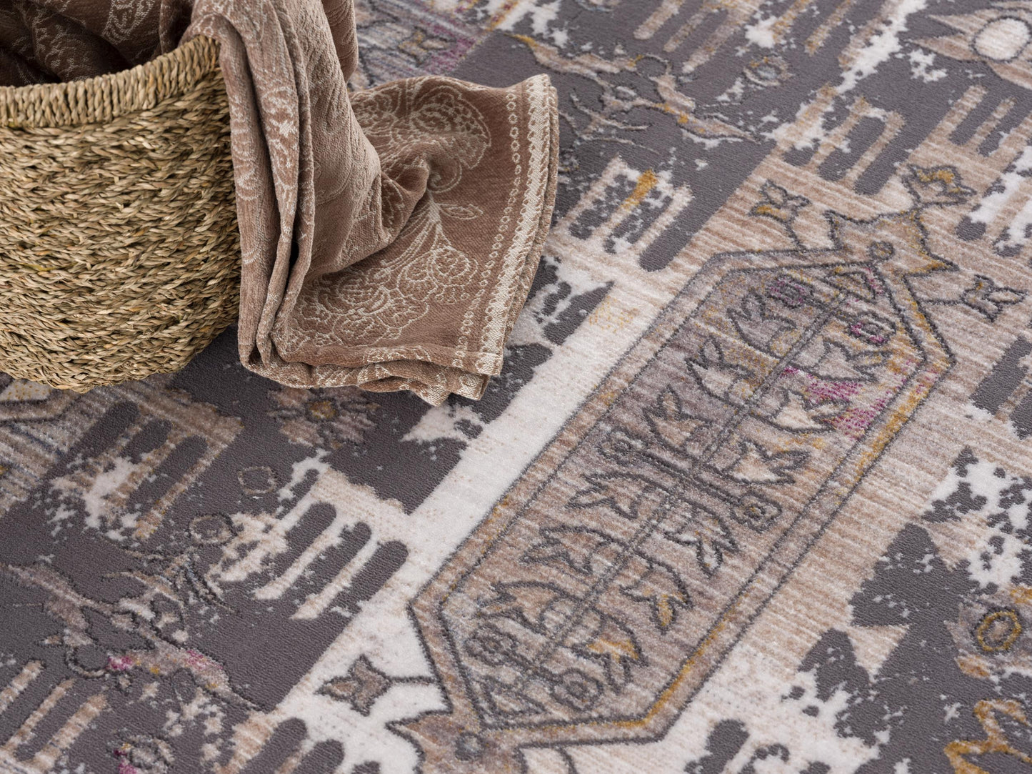 9' x 12' Brown and Ivory Oriental Power Loom Washable Non Skid Area Rug