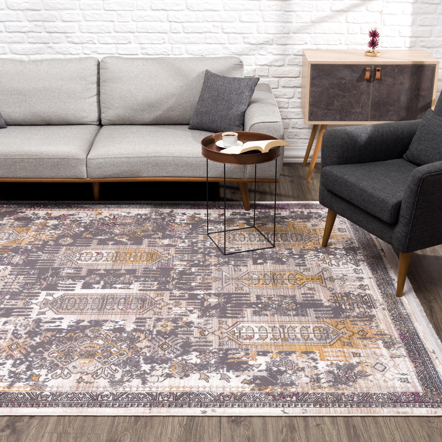 9' x 12' Brown and Ivory Oriental Power Loom Washable Non Skid Area Rug