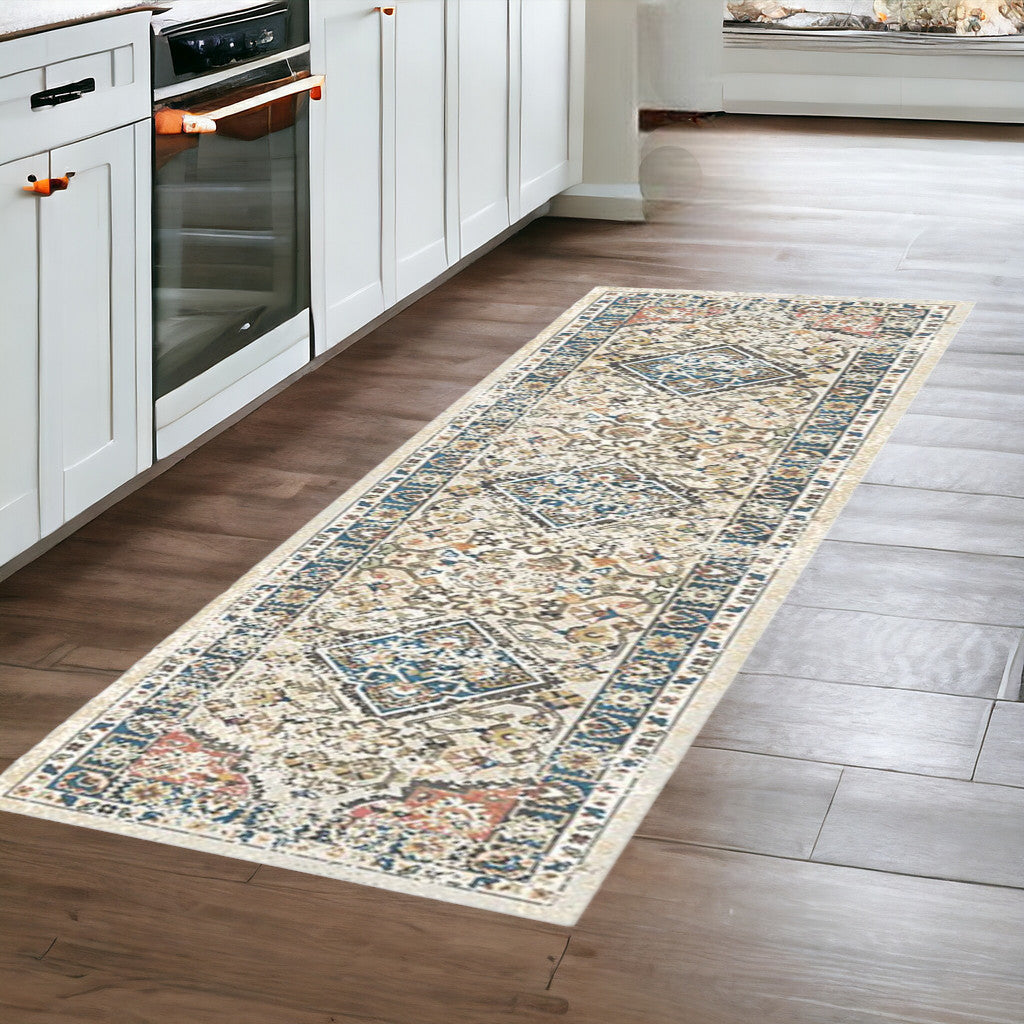 8' Beige Oriental Distressed Runner Rug With Fringe