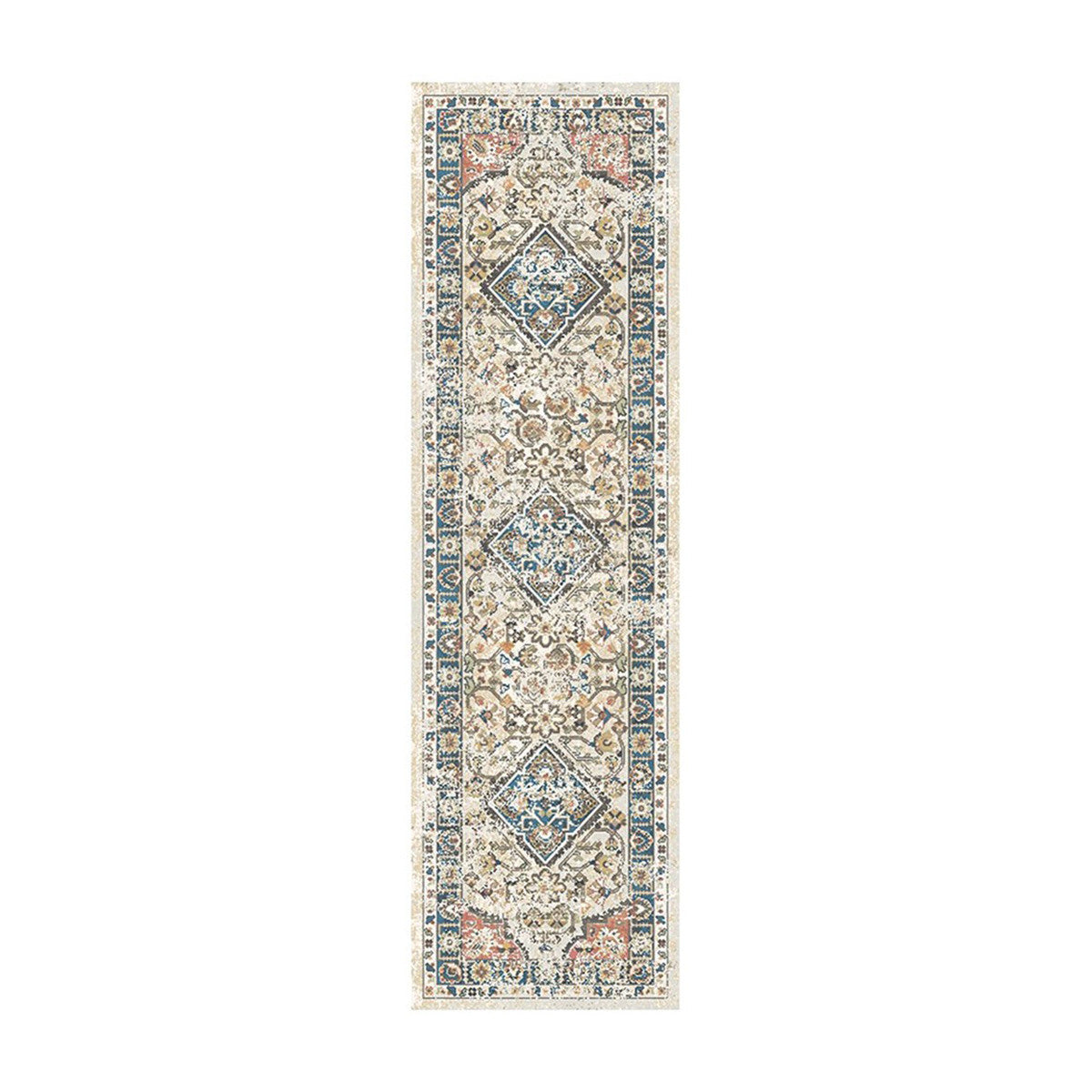 8' Beige Oriental Distressed Runner Rug With Fringe