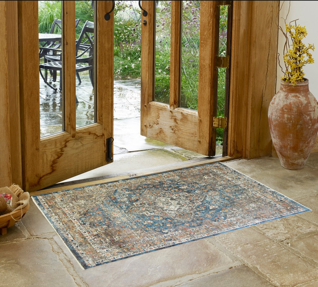 2' x 3' Blue and Brown Oriental Distressed Area Rug With Fringe