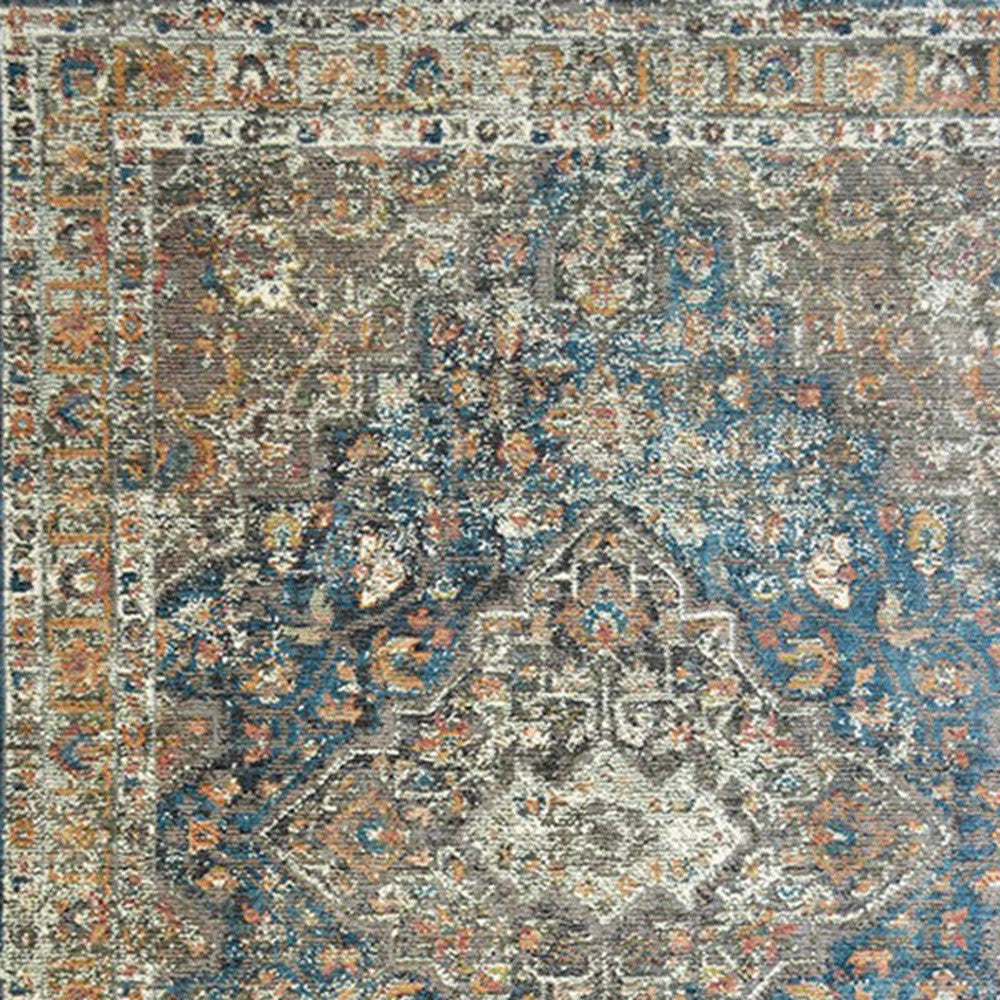 2' x 3' Blue and Brown Oriental Distressed Area Rug With Fringe
